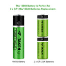 Taken16650 1800mAh 3.7V Li-ion Rechargeable Battery with Button Top for Flashlights Torches - 2 Pack