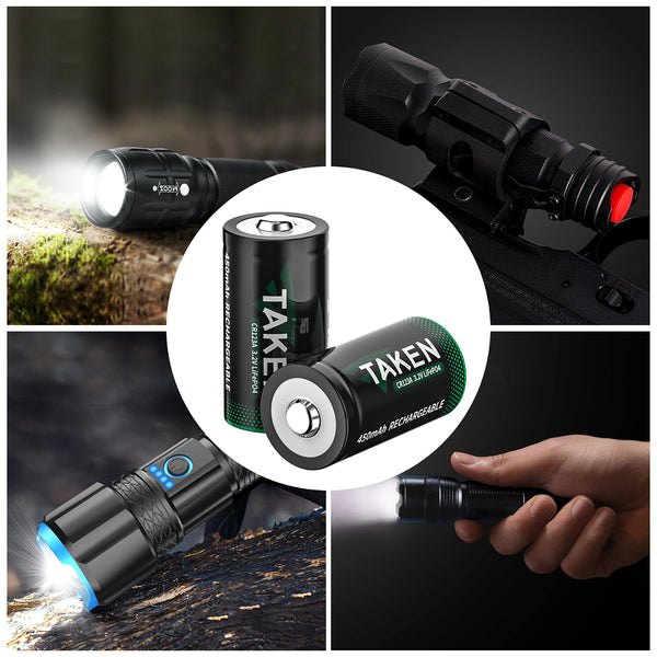 Taken CR123A 3V Lithium Battery, 2 Pack 123A Rechargeable Batteries  Pre-Charged for SureFire Streamlight Flashlight