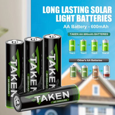 Taken Rechargeable AA Batteries, 4Pack Pre-Charged NiMH 1.2V 600mAh Double A Battery for Garden Landscaping Solar Lights, Pathway Lights, String Lights Recharge up to 2000 Cycles